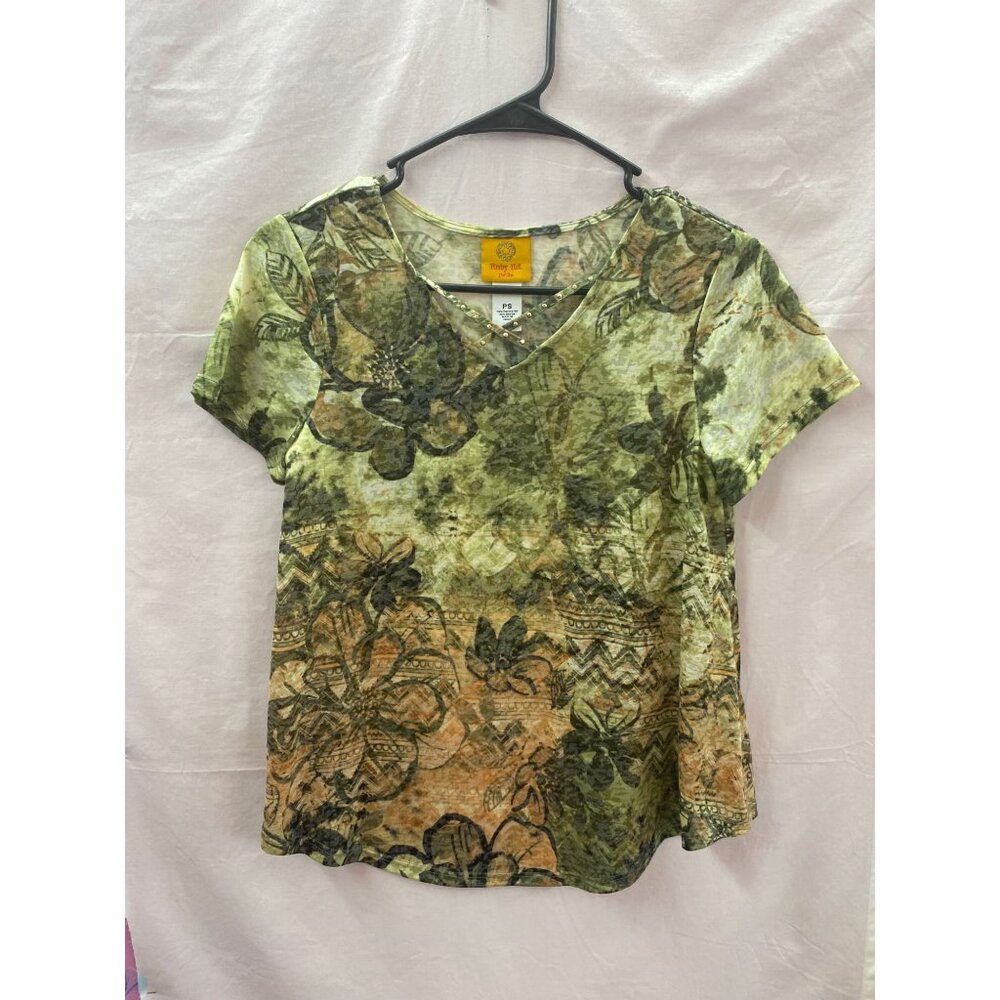Ruby Rd. Women's Petite Small Green Floral Cap Sleeve T-Shirt Rhinestone Accent